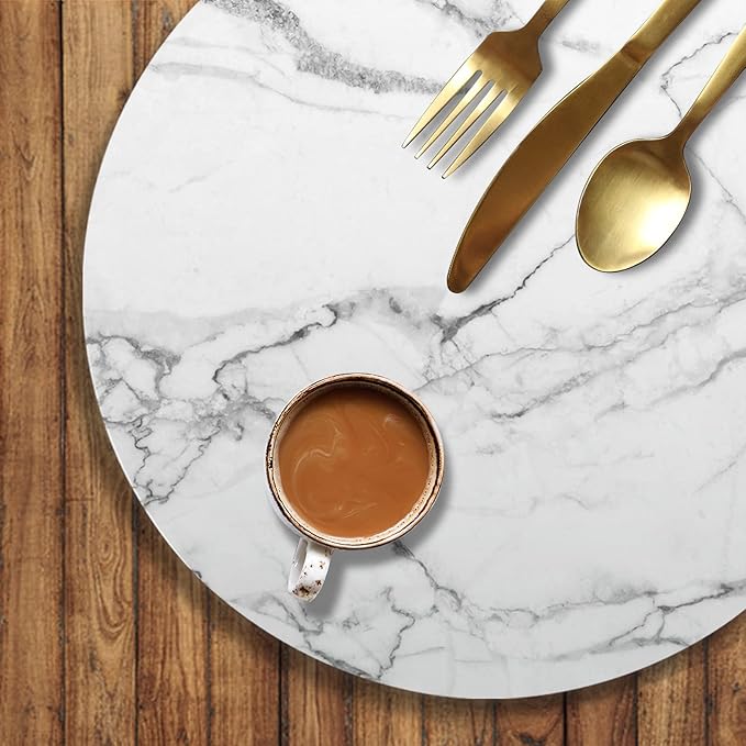Round Leather Placemats Set of 4 PU Waterproof Non-Slip Washable Heat Resistant Place Mat for Kitchen Dining Table - Marble White