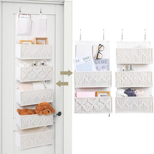 ANTIS'S HOME Over The Door Organizer Boho Decor Storage with 5 Large Woven Pockets, Detachable, Macrame Nursery Organizer and Toy Storage, Behind Door for Bathroom or Bedroom