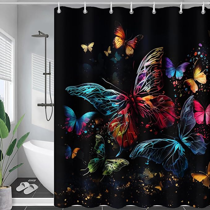 AILONEN Colorful Butterfly Shower Curtain, Tie Dye Butterfly Bath Curtain,Modern Fashion Minimalist Decorative Shower Curtain with 12 Plastic Hooks (Kids/Girls/Women/Teen/) Black 72" W*96" H