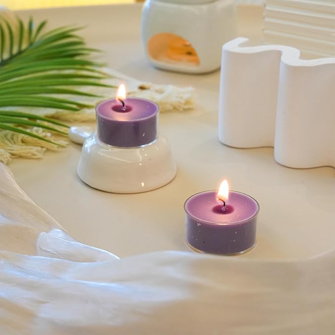 12 Unscented Natural Soy Tealight Candles in Clear Cups, 5H Long Clean Burning, Hand-Poured Purple Mini Tea Candle Set for Parties, Spa, Meditation, Gift, Holiday, Emergency, Home Decor
