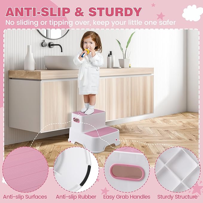 GAOMON Toddler Step Stool, 2 Step Stool for Kids, Toddler Step Stool for Bathroom Sink, Non-Slip Double up Kids Step Stool for Potty Training, Kitchen, Bedroom, Toilet (2 Pack, Pink)