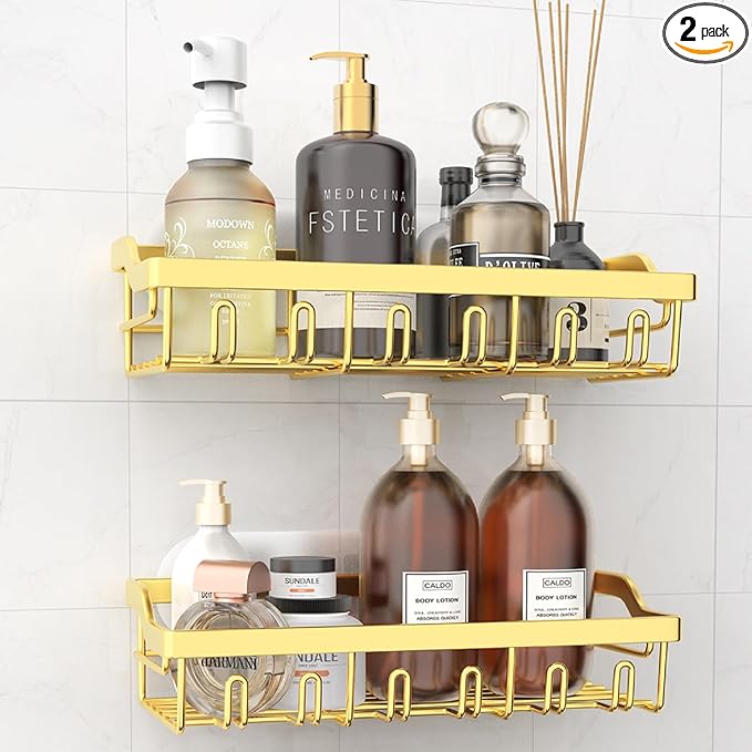2 Pack Shower Caddy, Adhesive Shower Organizer for Bathroom Storage, Rustproof Stainless Steel Shower Shelves, No Drilling, Large Capacity Shower Rack Shelf for Inside Shower, Gold