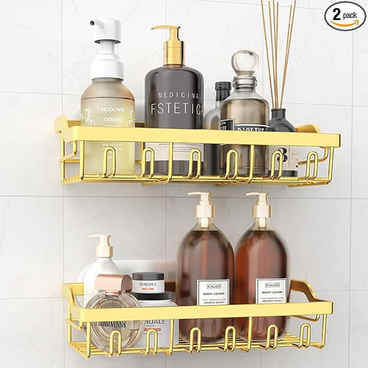2 Pack Shower Caddy, Adhesive Shower Organizer for Bathroom Storage, Rustproof Stainless Steel Shower Shelves, No Drilling, Large Capacity Shower Rack Shelf for Inside Shower, Gold