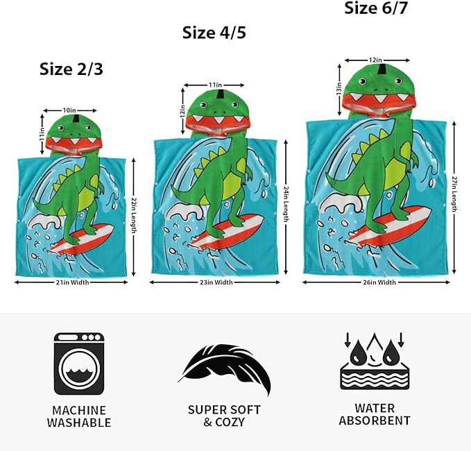 Boys and Girls Absorbent Hooded Beach Towel Pullover Character Microfiber Bath Towel with Side Snaps (Dino, 2-3T)