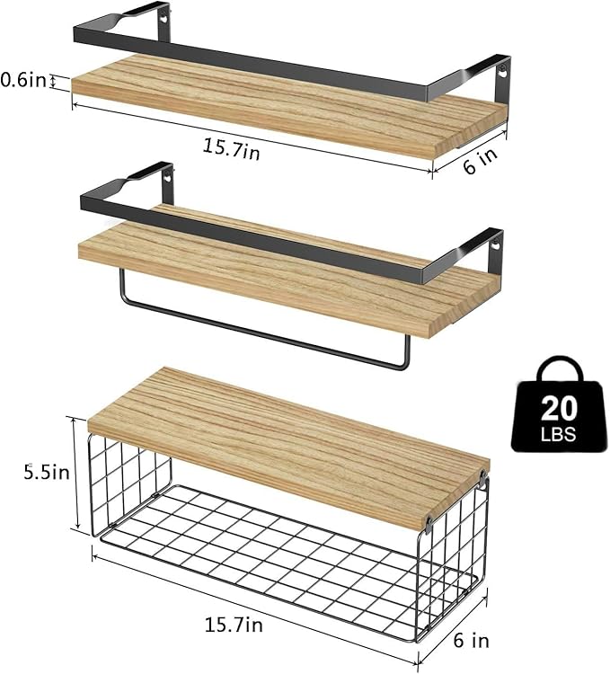 Towel Racks for Bathroom Wall Mounted, 3PCS Floating Shelves with Storage Basket, Bathroom Organizes, Wall Mounted Rustic Wood Shelves for Bedroom, Living Room, Kitchen (Wood)