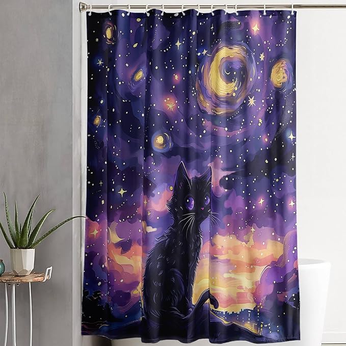 AILONEN Black Cat Shower Curtain,Cartoon Mother Son Kitten Shower Curtain Set for Kids Boys Girls,Boho Style Starry Night Shower Curtain with Hooks for Bathroom,36" W*72" H