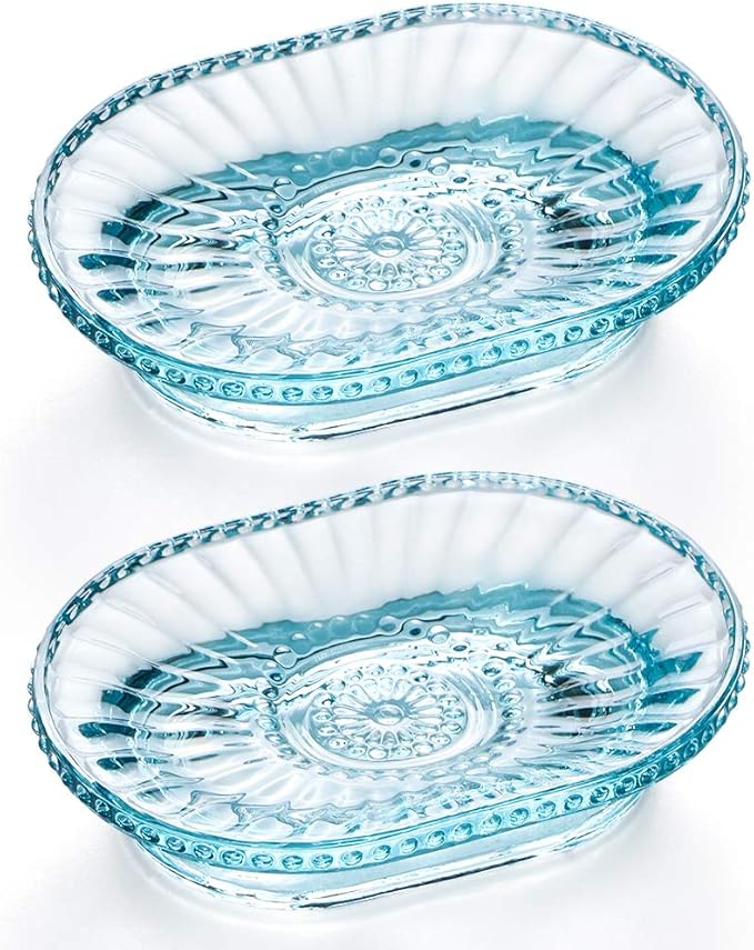 MDLUU Glass Soap Dish, Embossed Bar Soap Holder, Decorative Soap Saver Tray, Vintage Bar Soap Dish for Shower, Bathtub, Bathroom Sink, Kitchen Sink, Pack of 2 (Blue)