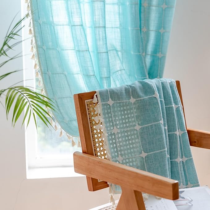 Sutuo Home Boho Curtains 90 Inches Long for Bedroom Living Room, Plaids Farmhouse Tassels Semi Blackout Linen Window Treatment Bohemian Embroidery Drape,Rod Pocket 1 Panel 52" W x 90" L, Aqua Blue