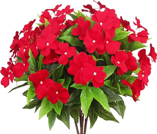 4 Pcs Artificial Flowers Outdoor Impatiens UV Resistant Silk Impatiens Flowers Red Faux Flowers Impatiens Bushes Artificial Impatiens for Pot Patio Lawn Garden Hanging Basket Porch Decor