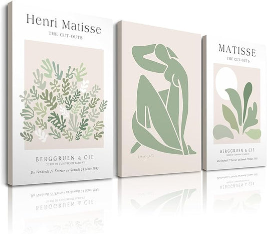 Matisse Sage Green Framed Wall Art,Abstract Green Canvas Wall Decor.12x16in Plants Botanical Poster Prints,Minimalist Classic Home Decoration for Living Room Bedroom Bathroom Office,Set of 3