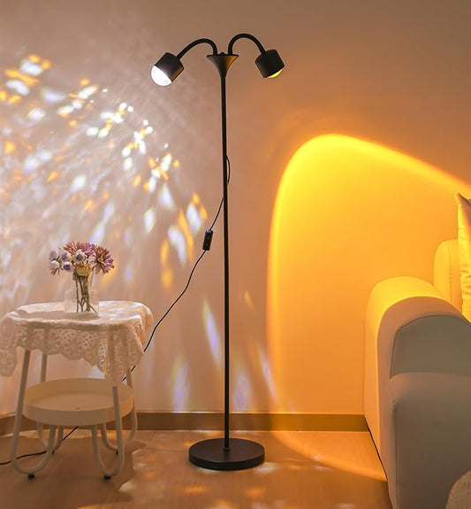 Sunset Floor Lamp Projector with 3D Ocean Wave, Colors Changing, Double headed RGB sunset light Double Side Lighting,Creative DIY Mode, 360° Rotation Atmosphere Lamp for Bedroom mood lighting black