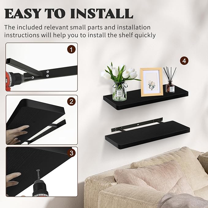 Floating Shelves for Wall, Wood Shelves with Invisible Brackets for Bathroom, Living Room, Bedroom and Kitchen, Long Wall Shelf for Books/Storage/Room Decor, 17 Inch, Set of 2, Black