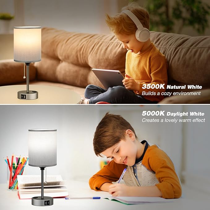 Dicoool Small Bedside Table lamp for Bedroom - 3 Color Temperatures Bedside Lamps with USB Ports for Housewarming, Pull Chain Table Lamps with AC Outlet, Nightstand Lamps for Kids Reading