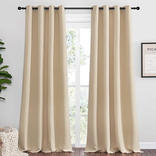 NICETOWN Bedroom Blackout Curtains Panels, 1 Pair, 52 inches by 92 Inch, Biscotti Beige, Triple Weave Energy Saving Thermal Insulated Solid Grommet Blackout Draperies for Patio