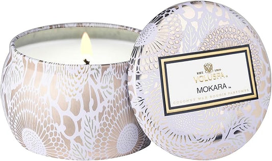 Voluspa Mokara, Mini Tin Candle, 4 Ounce, 25 Hour Burn Time, Coconut Wax for Clean Burning, Handcrafted in The USA