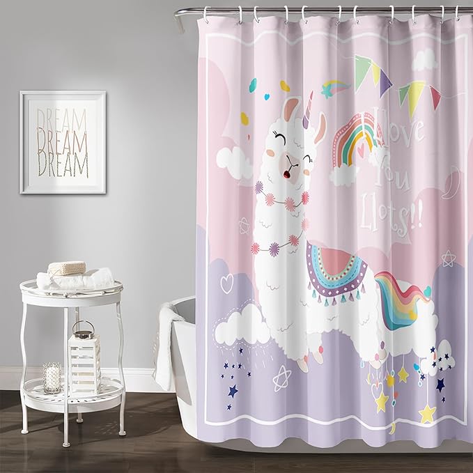 AILONEN Cute Llama Kids Shower Curtain for Girls,Happy Llama in Sky Clouds Print Bath Curtain 72" W*72" H,Kawaii Kids Bathroom Curtain Polyester Waterproof Girls Bathroom Curtain with 12 Hooks
