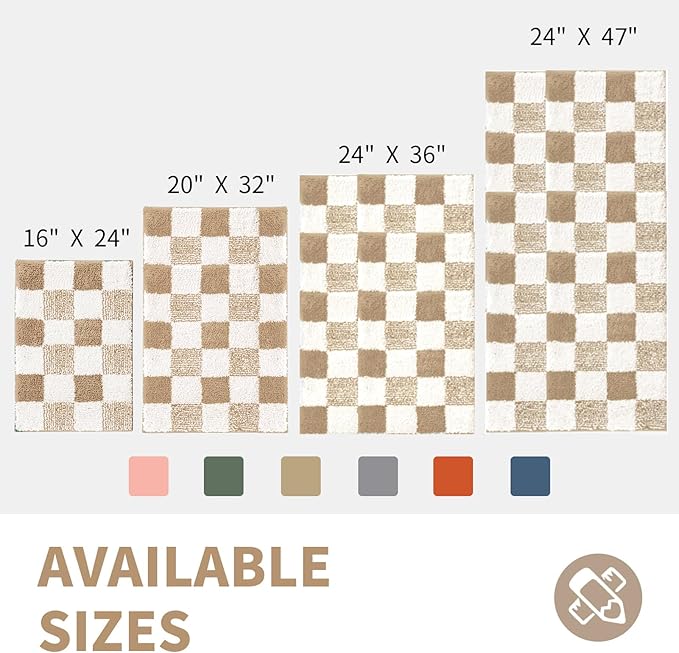 CozeCube Checkered Bath mats for Bathroom Non Slip, Fluffy Absorbent Microfiber Bath mat Washable, Aesthetic Bathroom Rugs, Cute Bath mat for Shower Sink, Beige, 24" x 16"