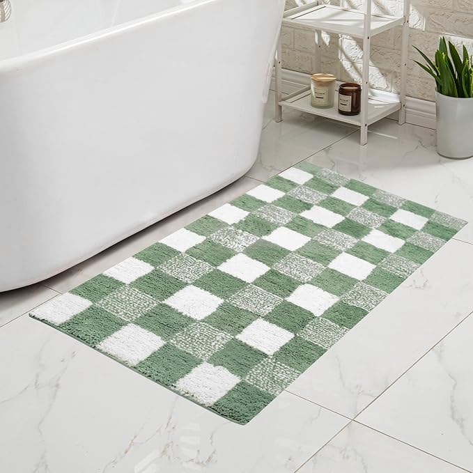 CozeCube Checkered Bath mats for Bathroom Non Slip, Plush Shaggy Bath Rugs for Bathroom Washable, Buffalo Plaid Bath mat, Sage Green, 47" x 24"