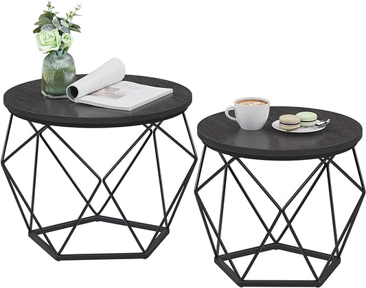 VASAGLE Small Coffee Table Set of 2, Round Coffee Table with Steel Frame, Side End Table for Living Room, Bedroom, Office, Charcoal Gray and Ink Black