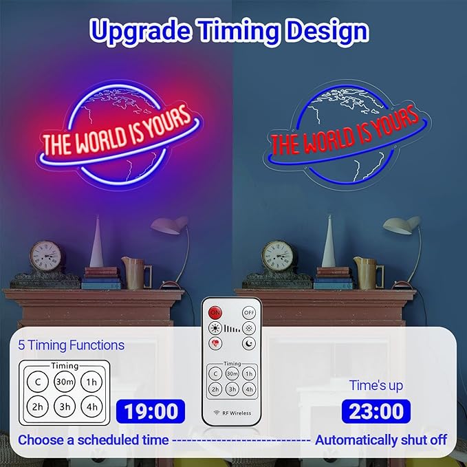 The World is Yours Neon Sign, Remote Dimmer Planet LED Neon Light Lamp for Wall Decor, USB Power for Man Cave Home Bar Bistro Club Cafe Wedding Game Room Bedroom Birthday Gift Graduation Party