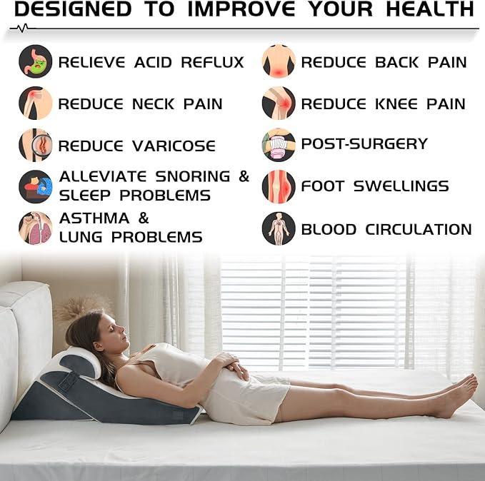 Qirroboni 3PCS Orthopedic Bed Wedge Pillow Set, Adjustable Pillows for Neck, Back and Leg Pain Relief Comfortable & Post Surgery Foam - Heartburn, Anti Snoring, Acid Reflux & GERD Sleeping Light Grey