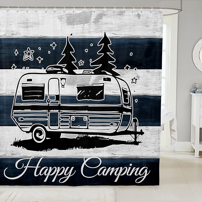 Feelyou Camper Shower Curtain Happy Camping Fabric Shower Curtain for Kids Boys Girls Rv Camping Bathroom Waterproof Accessories with 12 Hooks Camper Accessories Travel Trailers Curtains,72x72 Inches
