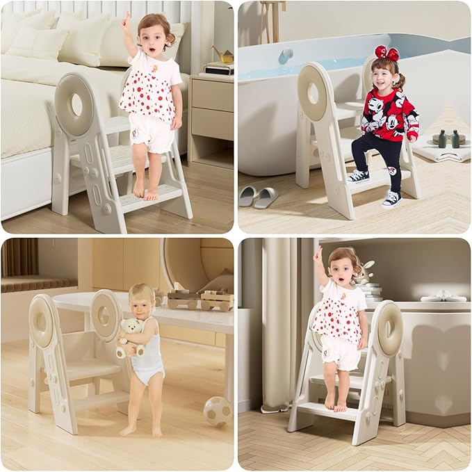 Step Stool for Kids Toddler, Adjustable 3 Folding, Learning Helper Stool for Bathroom Sink Toilet Potty Kitchen Counter with Handles and Non-Slip Pads(Khaki)