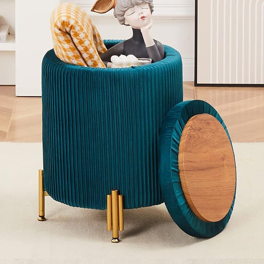 Mxfurhawa Round Ottoman Foot Stool with Storage and Metal Legs for Living Room Bedroom, Velvet Upholstered Footrest Stool Support 300lbs Modern Padded Seat Ottoman Coffee Table (Teal)