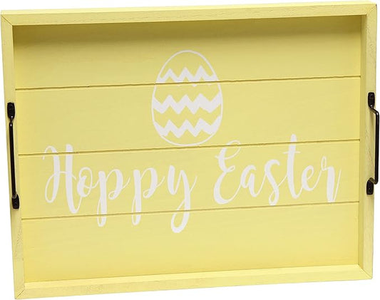 Elegant Designs HG2000-YHE Decorative Wood Serving Tray w/Handles, 15.50" x 12", Hoppy Easter