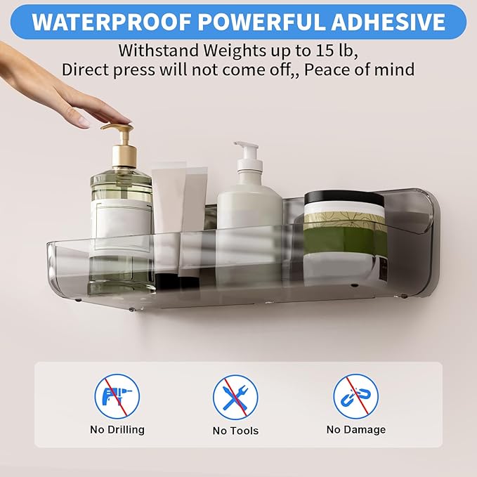 Acrylic Wall Mounted Shower Caddy, 2 Self Adhesive Shelves, No Drilling, Organizes Bath & Kitchen