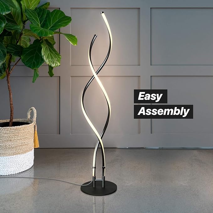 Brightech Embrace Dimmable LED Floor Lamp – Modern Spiral Adjustable Standing Lamp for Living Rooms & Offices – 2-in-1 Tall End Table Lamp for Bedroom Reading - Black
