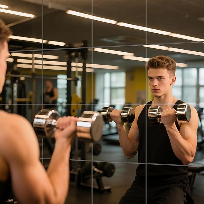 12" x 12" 16Pcs Full Length Wall Mirror Tiles, Frameless Wall Mounted Mirror Glass Wall Peel and Stick Mirror for Home Gym, Door, Bedroom, Living Room (12" x 12"-16PCS)