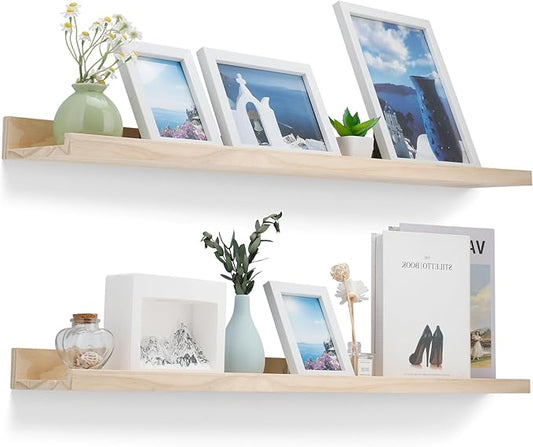 36 Inch Natural Wood Floating Shelves, Wide Picture Ledge Shelf Wall Mounted for Picture Frames 5.1 Inch Wide Decorative Ledge Set of 2 with Front Lip for Bedroom Living Room Bathroom Kitchen Nursery