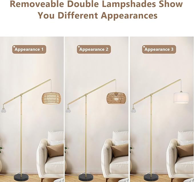 Gold Floor Lamp with 3 Color Temperatures, Floor Lamps for Living Room with Remote and LED Dimmable Bulb, Farmhouse Arc Standing Lamp, Rattan Floor Lamp for Bedroom, Adjustable Over Couch Tall Lamp