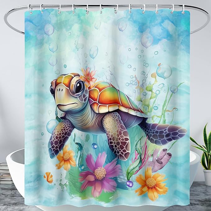 AILONEN Cute Sea Turtle Shower Curtain,Boys Kids Ocean Turtle Bath Curtain with 12 Plastic Hooks,Watercolor Sea Turtle Decorative Waterproof Curtain 72" W*78" H