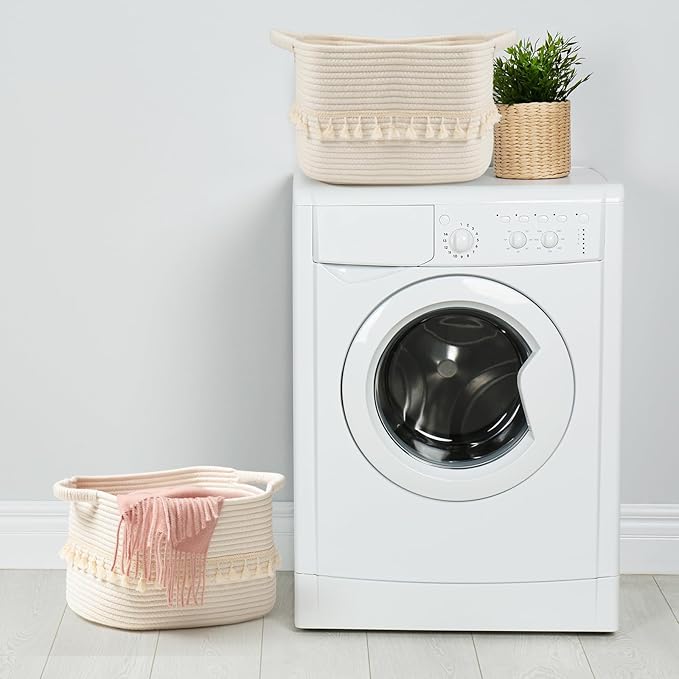 TeoKJ White Cotton Ropen Baskets for Storage, Set of 3 Woven Clothes Basket for Organizing and Storage, Blanket Basket for Living Room Laundry Bathroom Shelves