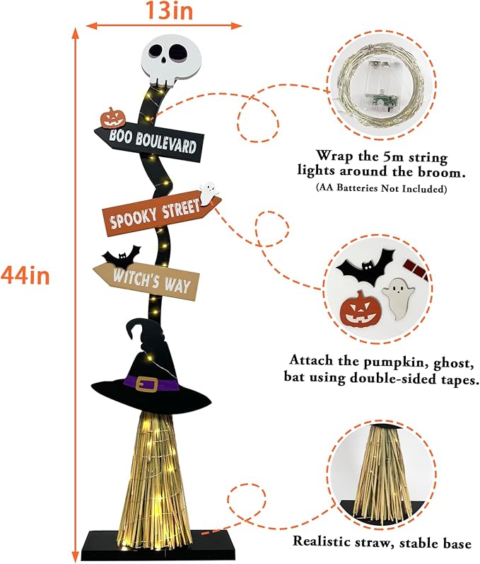 DAZONGE Halloween Decorations -Lighted Wooden Witch’s Broom for Indoor Outdoor Porch Yard Decor - Spooky Light up Halloween Witch Decorations Sign