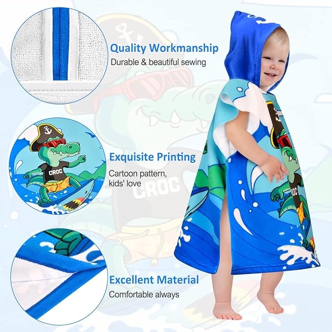 HUANLANG Kids Hooded Beach Towel for Boys Girls,Bath Pool Beach Poncho Towels Super Soft & Absorbent Cotton Towel Childrens Crocodile Beach Towels for Toddler 0-7 Years Old