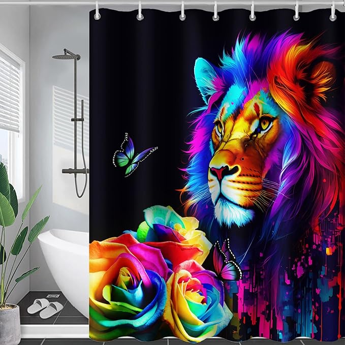 AILONEN Colorful Lion Shower Curtain for Kids Boys Teens,Rose Flower Graffiti Lion Bath Curtain for Bathroom Decor,Romantic Polyester Waterproof with 12 Plastic Hooks 36" W*72" H