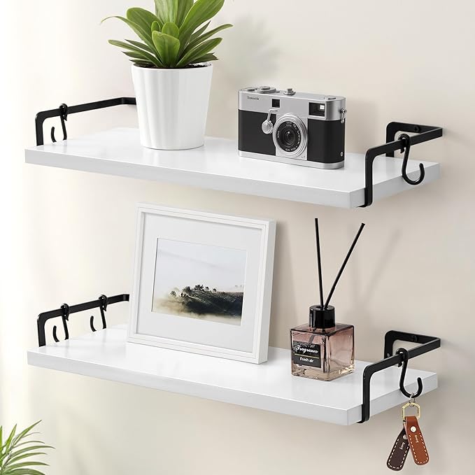 Gronda White Floating Shelves for Wall Storage Shelf with Black Brackets for Bathroom Kitchen Laundry Over Toilet Wooden Hanging Organizer Modern Minimalist Decor for Bedroom Living Room, Set of 2