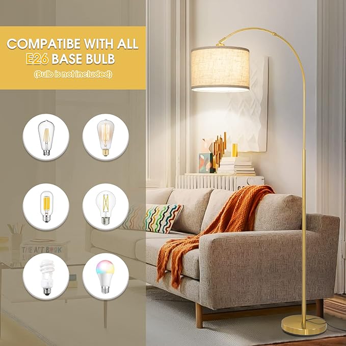 Gold Floor Lamp, Arc Floor Lamp for Living Room with Adjustable Drum Lampshade, Modern Tall Standing Lamp with On/Off Foot Switch, Over Couch Arched Reading Light for Reading, Bedroom, Office