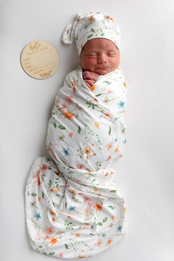 Baby Receiving Blanket Swaddle Blanket Infant Wrap with Matching Headband Beanie and Name Card (Green Leaf Flower)