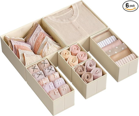 SONGMICS Drawer Organizer, Dresser Drawer Organizers, Set of 6, Foldable Fabric Storage Bins for Socks, Underwear, Bras, Ties, Scarves, Surmmer Sand URDZ006Y01