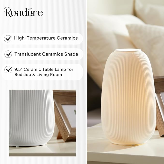 RONDURE 9.5" Modern Table Lamp, Modern Bedside Lamps for Bedroom, Living Room and Nightstand, White Translucent Ceramic Shade, Warm Ambient Lighting, Home Decor