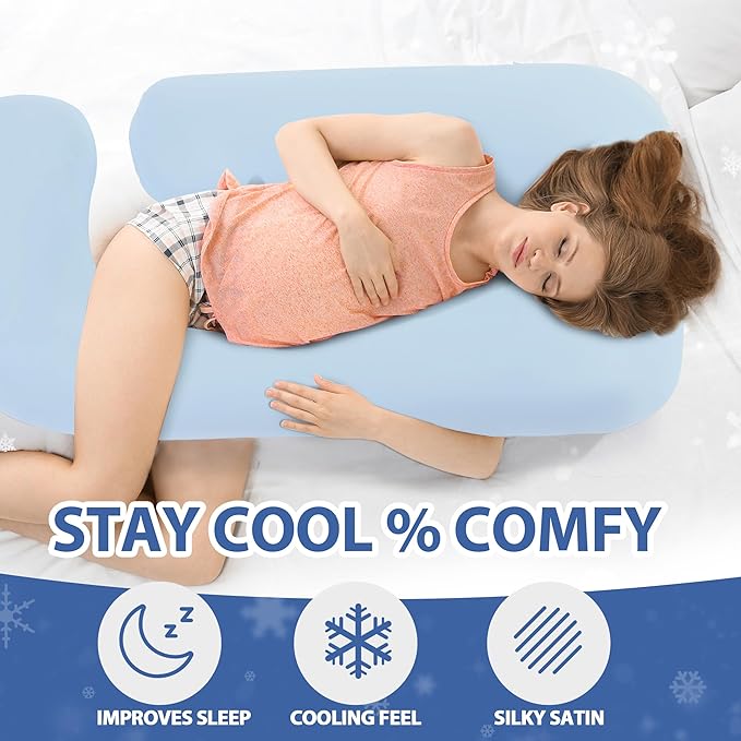 Cooling Pregnancy Pillow Cover (ONLY Pillowcase), Q-Max 0.4 U Shaped Luxurious Smooth Maternity Pillow Cover with Hidden Zip, Cool Large Pillow Protector for Side Hot Sleeper, Blue, 58x32 in