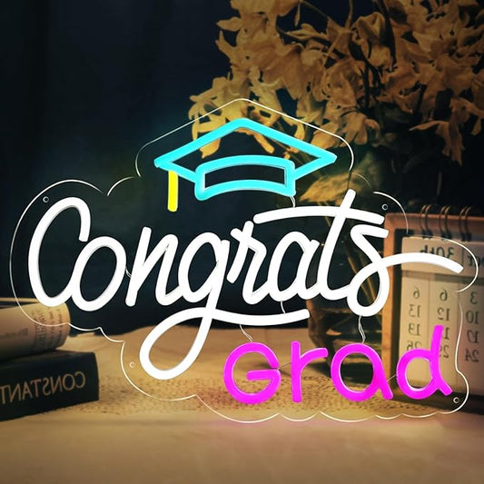 Congrats Grad Neon Sign, Graduation Light up Sign with Cap, LED Adjustable USB Powered Neon Light for Prom Party Class Room Dorm Photos Background Wall Art Decoration Celebration Gifts (16" x 12.5")