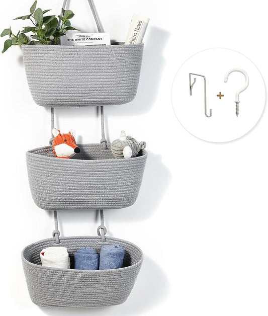 DULLEMELO Wall Hanging Basket for Home Decor 3-Tier Woven Cotton Wall-Mounted Hanging Storage Basket, Decorative Woven Storage Basket with Door Hooks, Gray