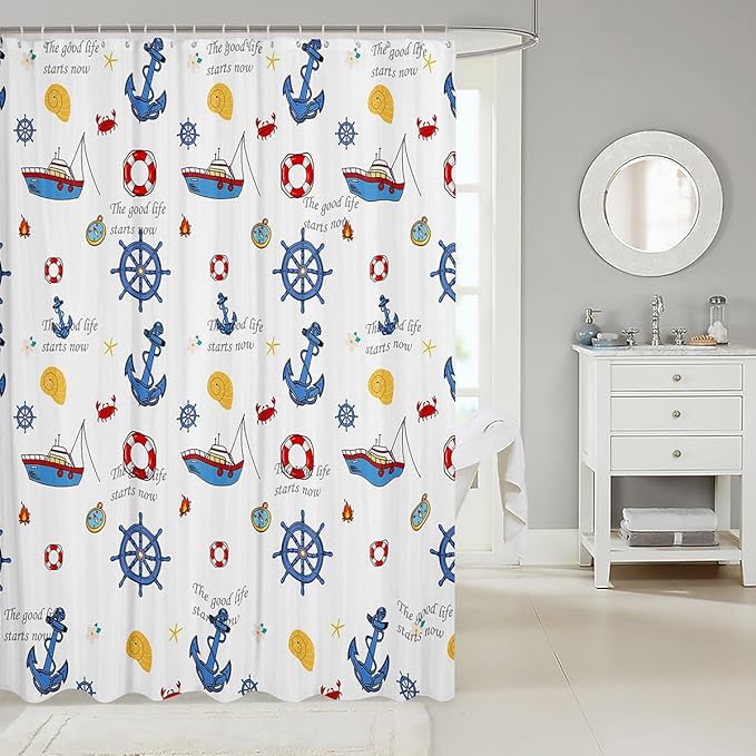 Feelyou Anchor Decor Shower Curtain 72"x78" Kids Sailboat Printed Bathroom Shower Curtain Set for Boys Girls Teens Nautical Compass Print Bath Curtain Ocean Marine Themed Bathroom Accessories