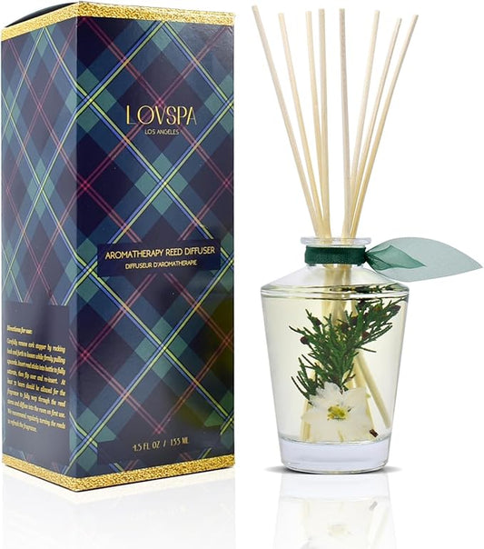 LOVSPA Sparkling Balsam Pine Reed Diffuser Oil Set – Christmas Tree Fir Needles and Birch Wood Scent with Real Botanicals - Elegant Glass Bottle - Christmas Holiday Decor - Made in The USA