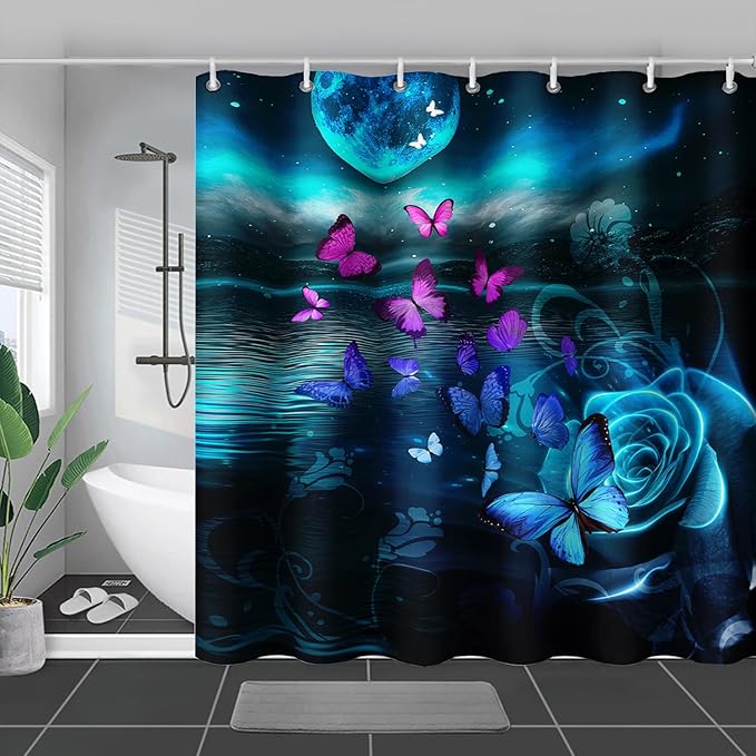 AILONEN Flying Butterfly Shower Curtain for Girls Women,Blue Sky Starry Ocean Sea Rose Bath Curtain 72" W*84" H Polyester Fabric Waterproof Bathroom Curtain with 12 Hooks
